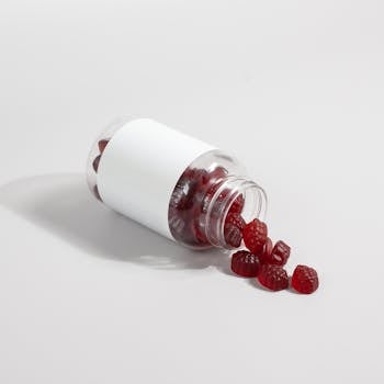A transparent bottle with red gummy supplements spilling onto a white surface.